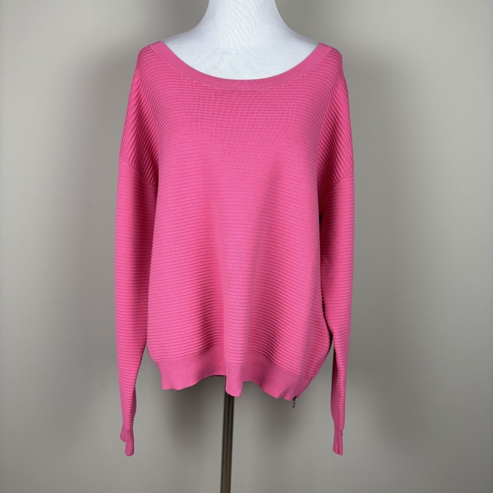 Halogen Sweater Women XL Pink Ribbed Knit Side Zip Long Sleeve Scoop Neck Casual